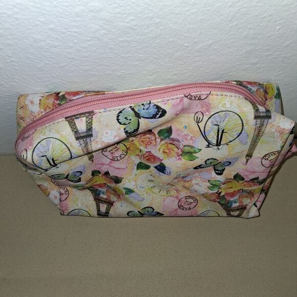Tahari Makeup Travel Bag With Paris France Butterfly Floral Print Design - Picture 3 of 5